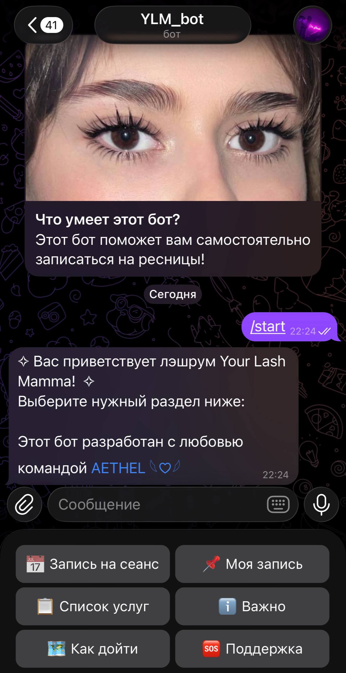 YLM Telegram bot for lash appointments